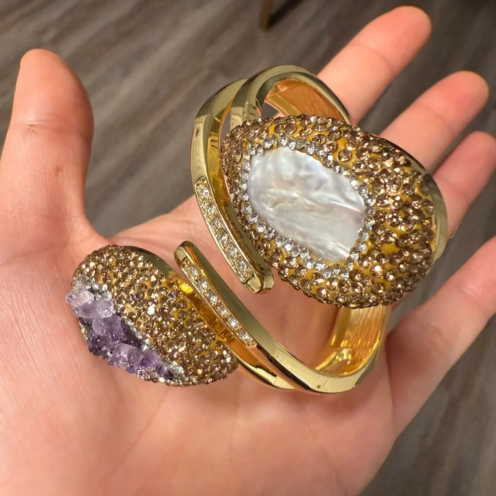 Natural Stone Amethyst & Baroque Pearl Gold Cuff Bracelet - Picture 11 of 17